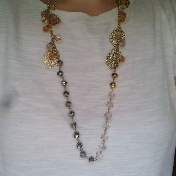 NWT M. Haskell Modern Gold Metallic Leaves Beaded Long Necklace Costume Jewelry - Picture 6 of 6